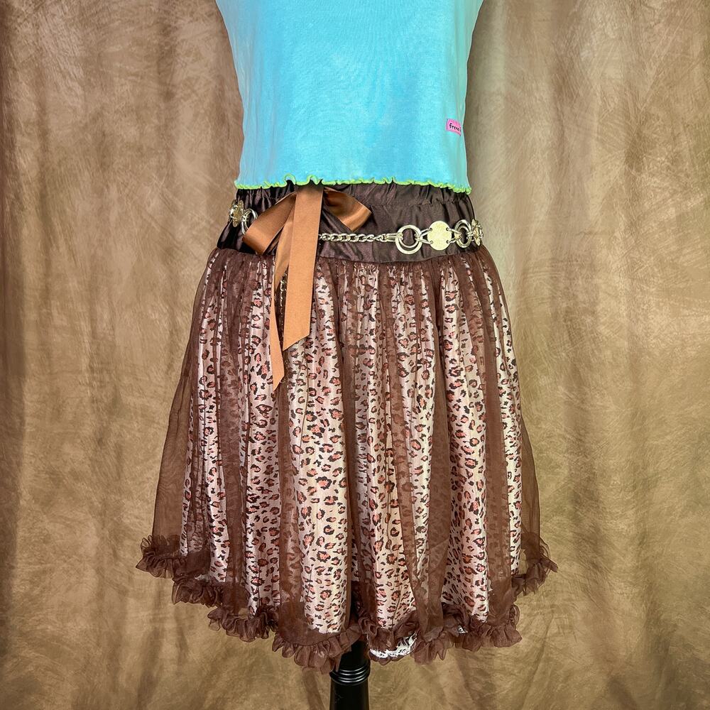Y2K Ruffled Mini Skirt Leopard Animal Print Layered Mesh Brown High Waist Punk